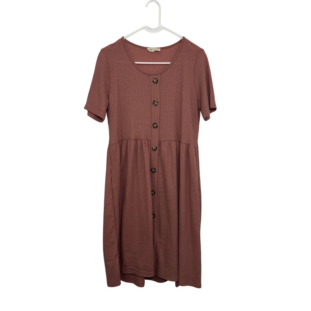 First Look Mauve Waffle Knit Button Babydoll Dress Womens Large‎ Short Sleeve